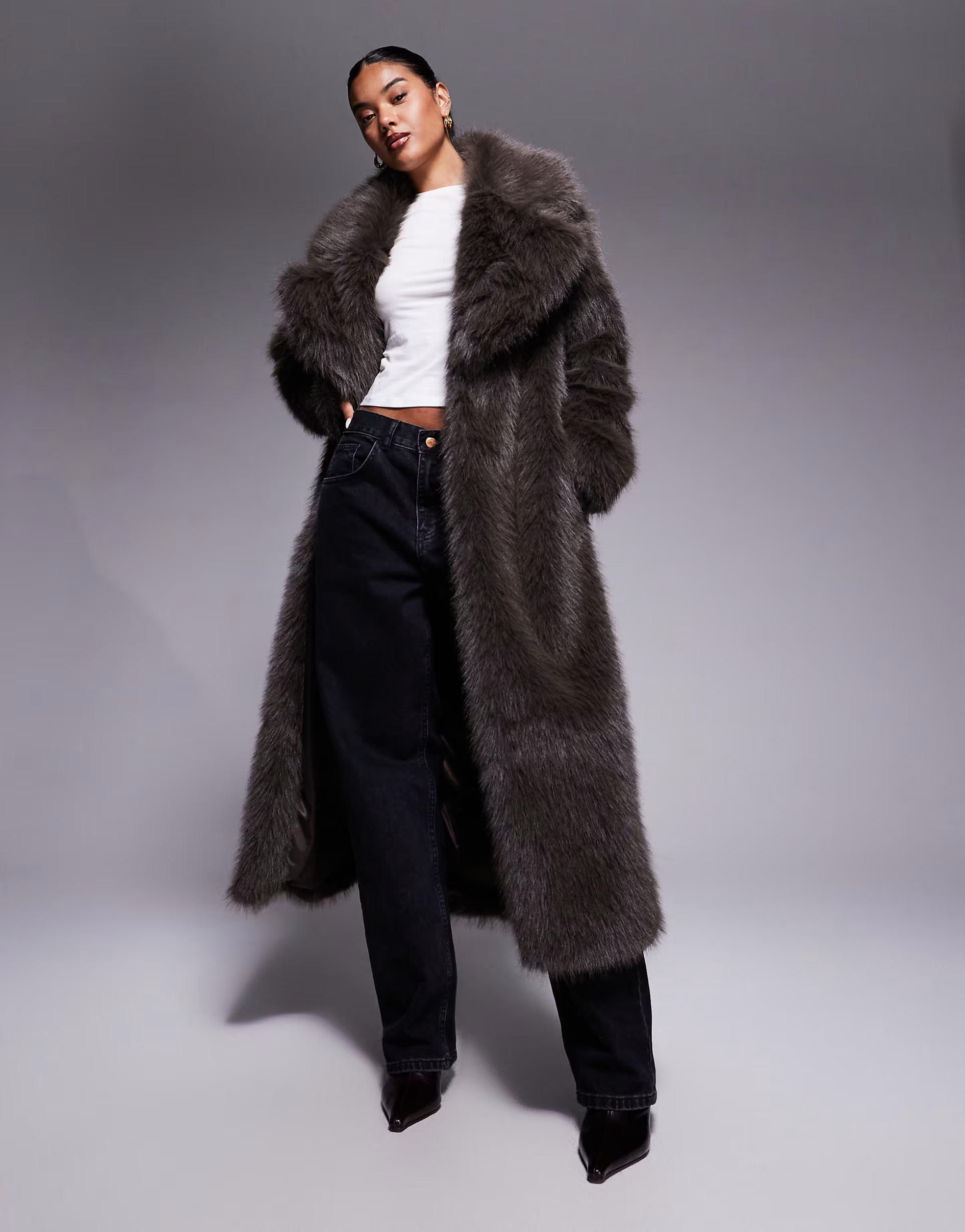 The Frolic exclusive faux fur oversized collar maxi coat in brown | ASOS (Global)