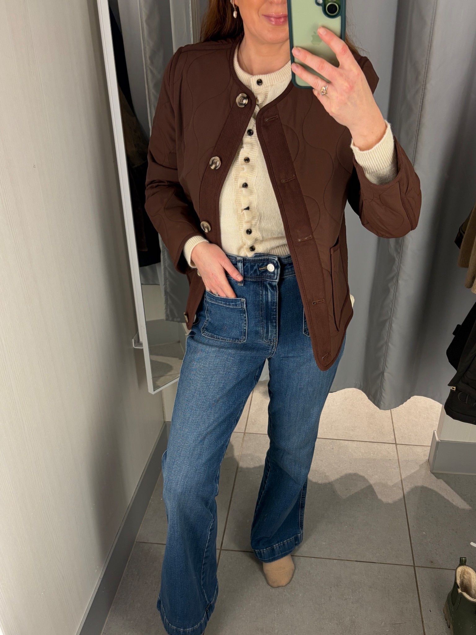 New in H&M 🤎 Flared front pocket jeans styled with a cream cardigan and a chocolate brown quilted jacket for the perfect winter to spring transitional outfit. Finished with brown ankle boots ✨ Wearing a size small in the jacket 🍫 chocolate brown outfit

#LTKspring #LTKjeans #LTKuk