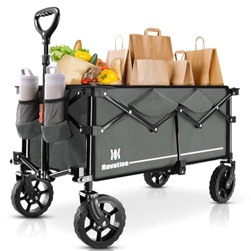 Navatiee Collapsible Folding Wagon, Wagon Cart Heavy Duty Foldable with Two Drink Holders, Utility Grocery Wagon for Camping Shopping Sports, S2, Grey | Amazon (US)