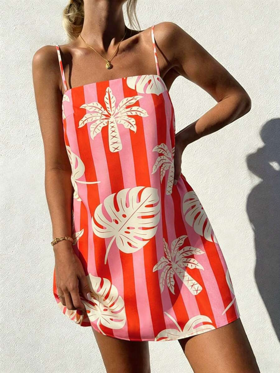Vaclyn Women's Vacation Striped Tropical Plant Print Casual Slip Dress | SHEIN