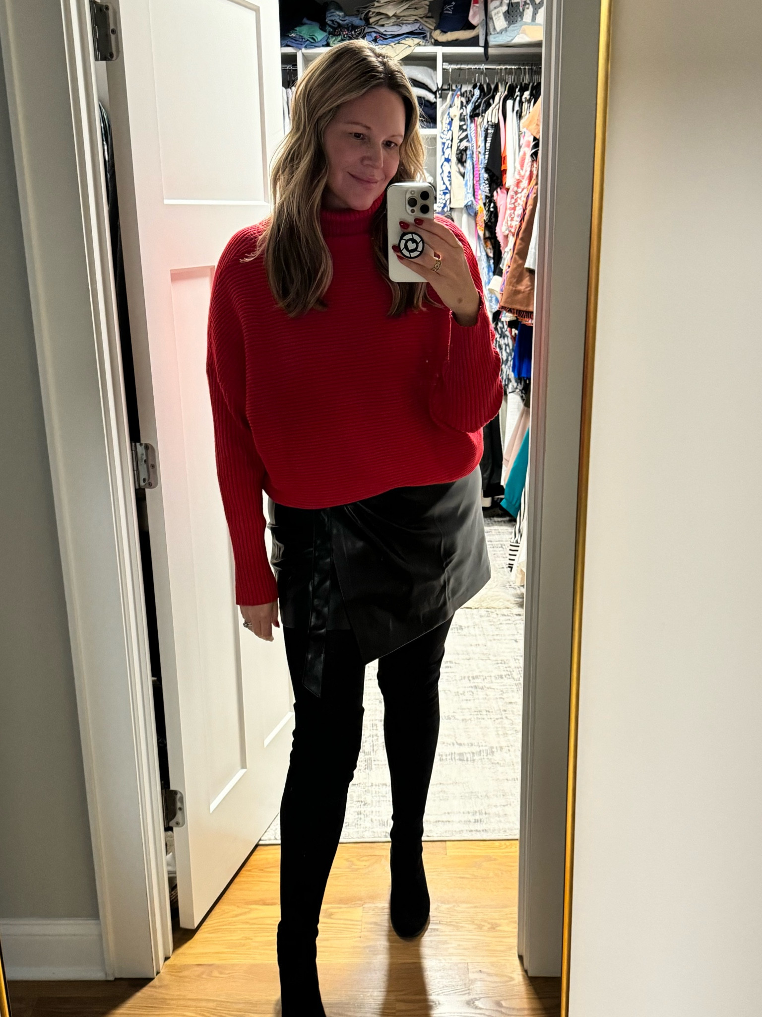 Date night, belated anniversary dinner, faux leather skirt from Mango, red turtleneck is super soft, and my favorite Commando opaque tights, each under $50. 

#LTKparties #LTKHoliday #LTKstyletip