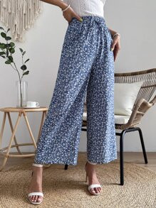 SHEIN VCAY Ditsy Floral Print Tie Front Wide Leg Pants SKU: sw2211147118915693(14 Reviews)$9.49$1... | SHEIN