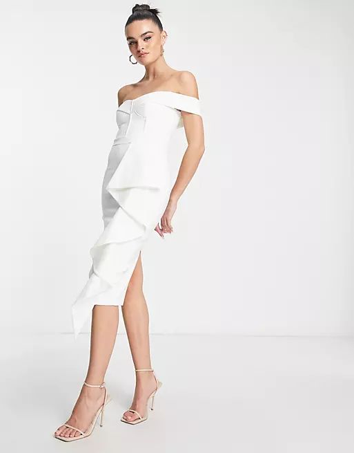 Lavish Alice off shoulder ruffle midi dress in white | ASOS (Global)