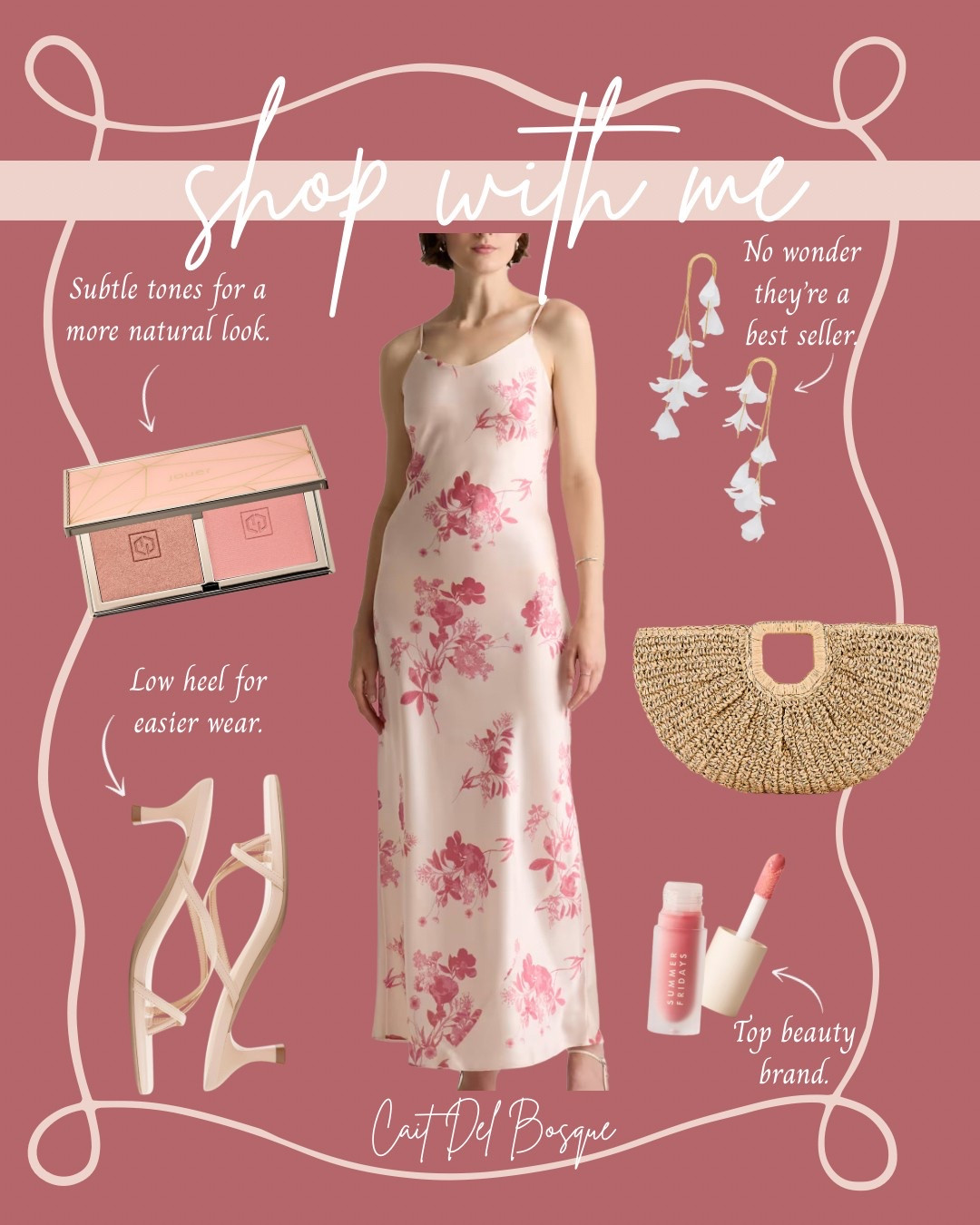 This spring outfit is soft, feminine, and perfect for all your warm-weather plans—from dinner parties and date nights to spring weddings and everything in between. It features a romantic pink floral slip dress paired with chic kitten heels, dainty floral drop earrings, and a natural woven clutch that adds just the right touch of texture. Finish the look with a light pink blush and glossy lip oil for that fresh, glowing finish. It’s effortless, elegant, and ready for any event on your spring calendar!

spring outfit inspo, floral dress, spring wedding guest outfit, date night look, brunch outfit, feminine spring style, spring fashion, pink slip dress, spring accessories, spring event outfits, spring fashion, spring 2025, date night, date night outfit, dinner date outfit, dinner party outfit, women’s outfit, women’s fashion, heels, clutch, handbag, purse, beauty, makeup, lip oil, lipstick, lip gloss, earrings, jewelry, quince, amazon, revolve, Sephora, summer Fridays, brunch outfit, wedding guest outfit, spring wedding, spring look, slip dress, birthday party outfit 

#LTKStyleTip #LTKBeauty #LTKSeasonal