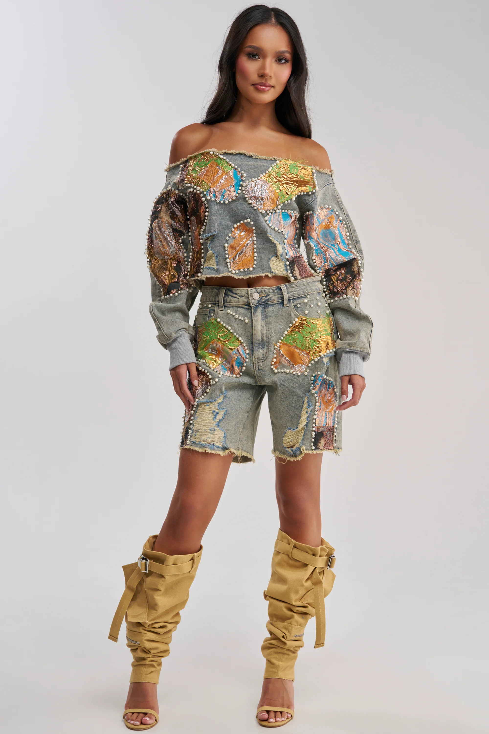 AKIRA Patched Up Low Rise Brocade Bermuda | Light Blue | Size Medium | AKIRA