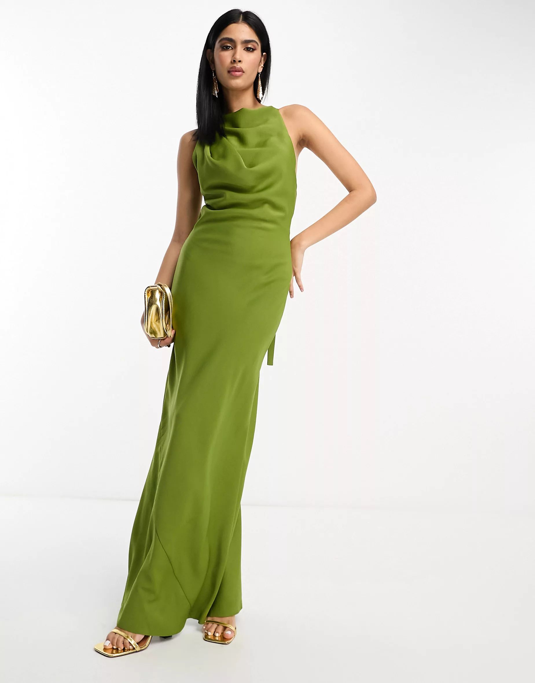 ASOS DESIGN satin cowl back maxi dress with buckle strap detail in olive | ASOS (Global)