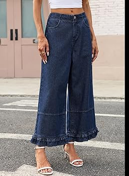 EVALESS Womens Wide Leg Jeans 2026 Trendy Mid-Rise Cropped Baggy Jeans Loose Fit Cute Ruffle Hem ... | Amazon (US)