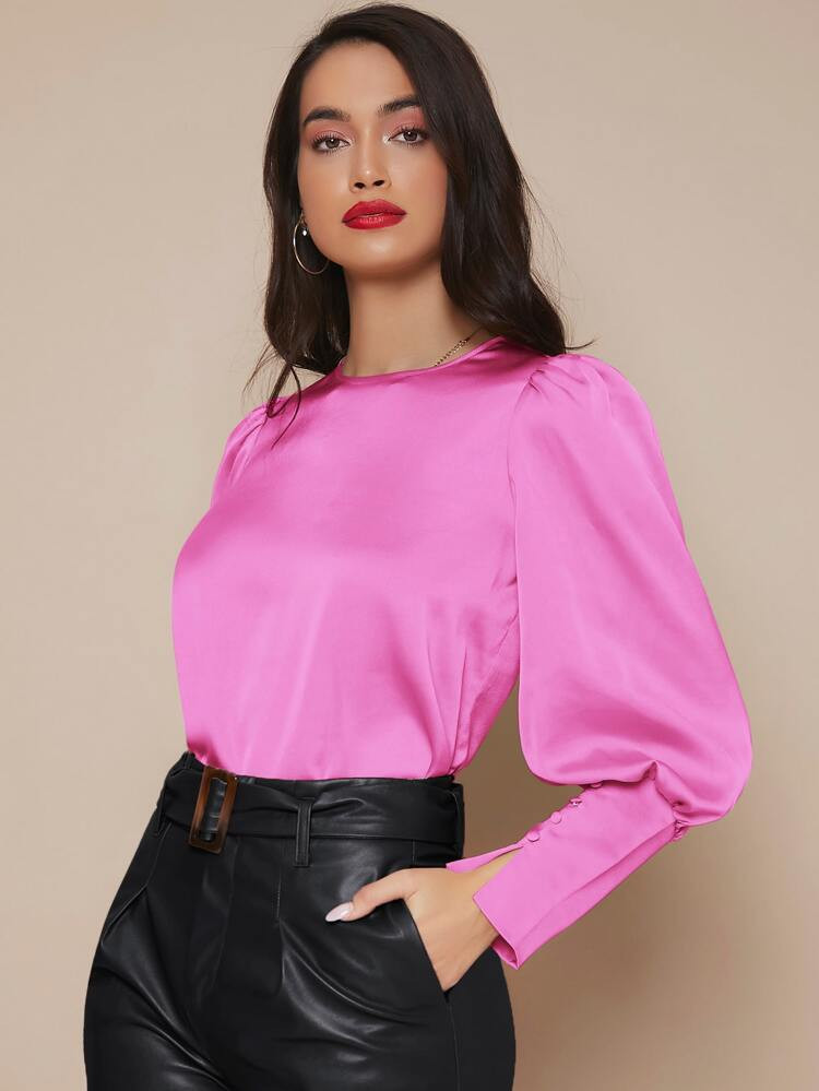 SHEIN Buttoned Cuff Lantern Sleeve Satin Top | SHEIN
