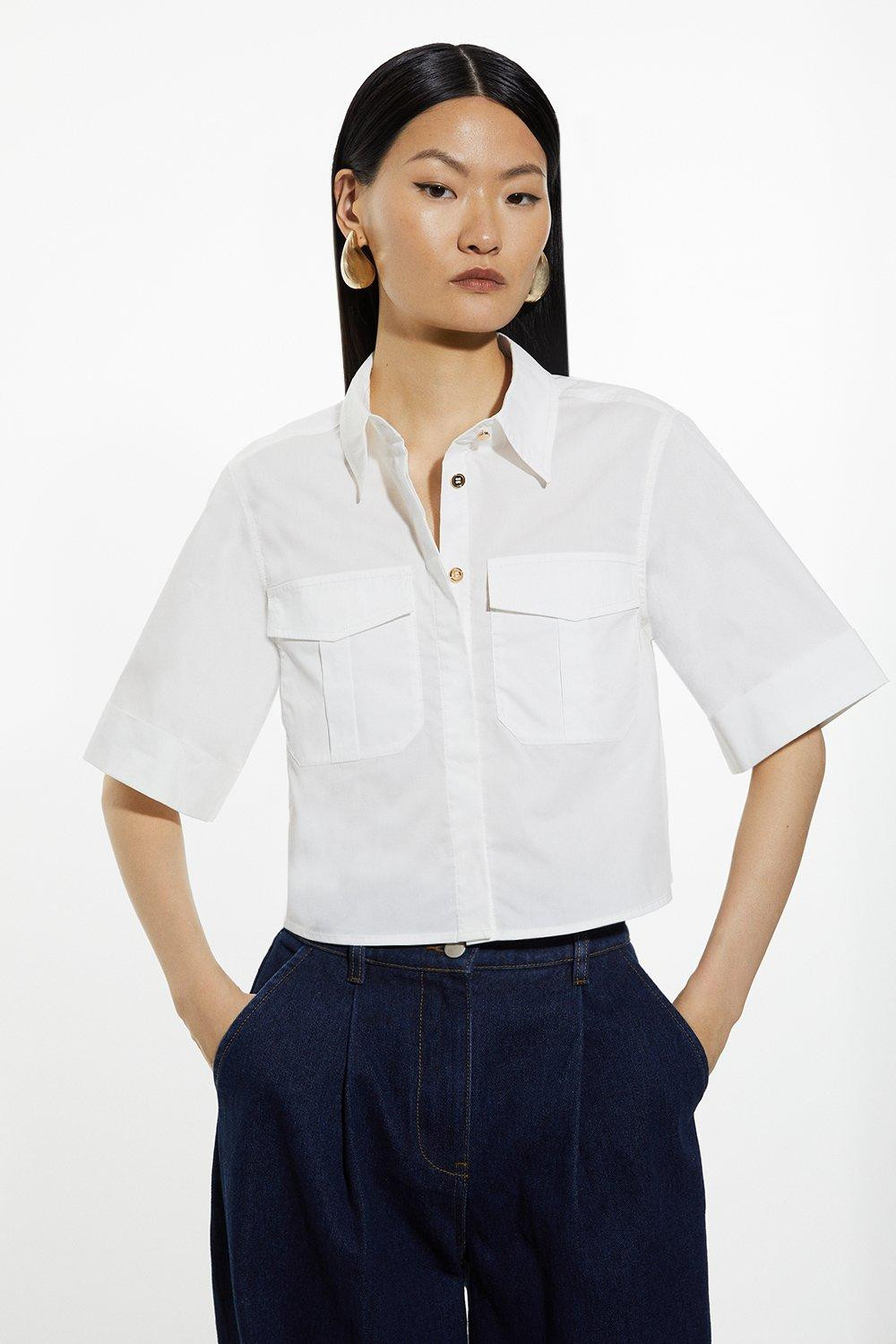 Utility Poplin Pocket Detail Woven Crop Shirt | Karen Millen UK + IE + DE + NL