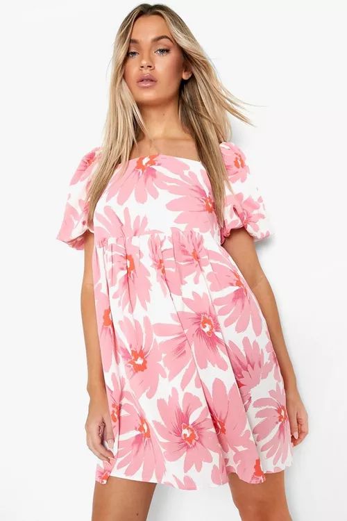 Floral Puff Sleeve Smock Dress | Boohoo.com (US & CA)