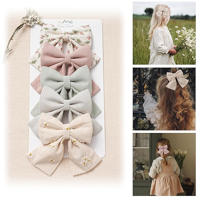 Hair Bows with Hair Clips for Girls Toddler Baby,Handmade 5" Flower Print Embroider Big Bows,FANC... | Amazon (US)