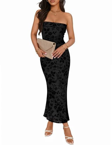 MEROKEETY Women's 2026 Summer Floral Strapless Dress Bodycon Tube Slit Mesh Wedding Guest Cocktail Party Maxi Dresses, Black, Small | Amazon (US)
