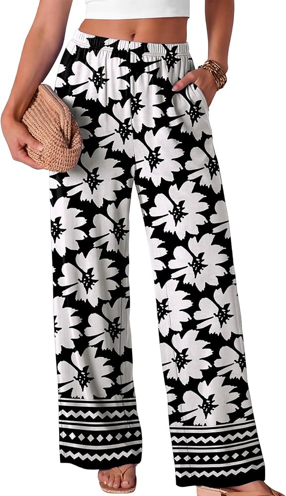 Wide Leg Pants for Women Flowy Palazzo Elastic Waist Trousers with Pockets Summer Spring Outfits | Amazon (US)