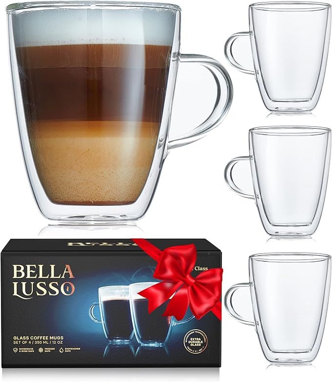 Glass Coffee Mugs - Double Wall Insulated Tea Cups - Large Glasses Set of 4, 12 oz - Premium Gift... | Amazon (US)