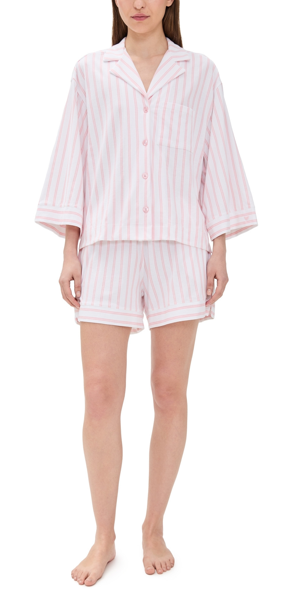 Petite Plume Pima Olivia Short Set White/Pink Stripe M | Shopbop
