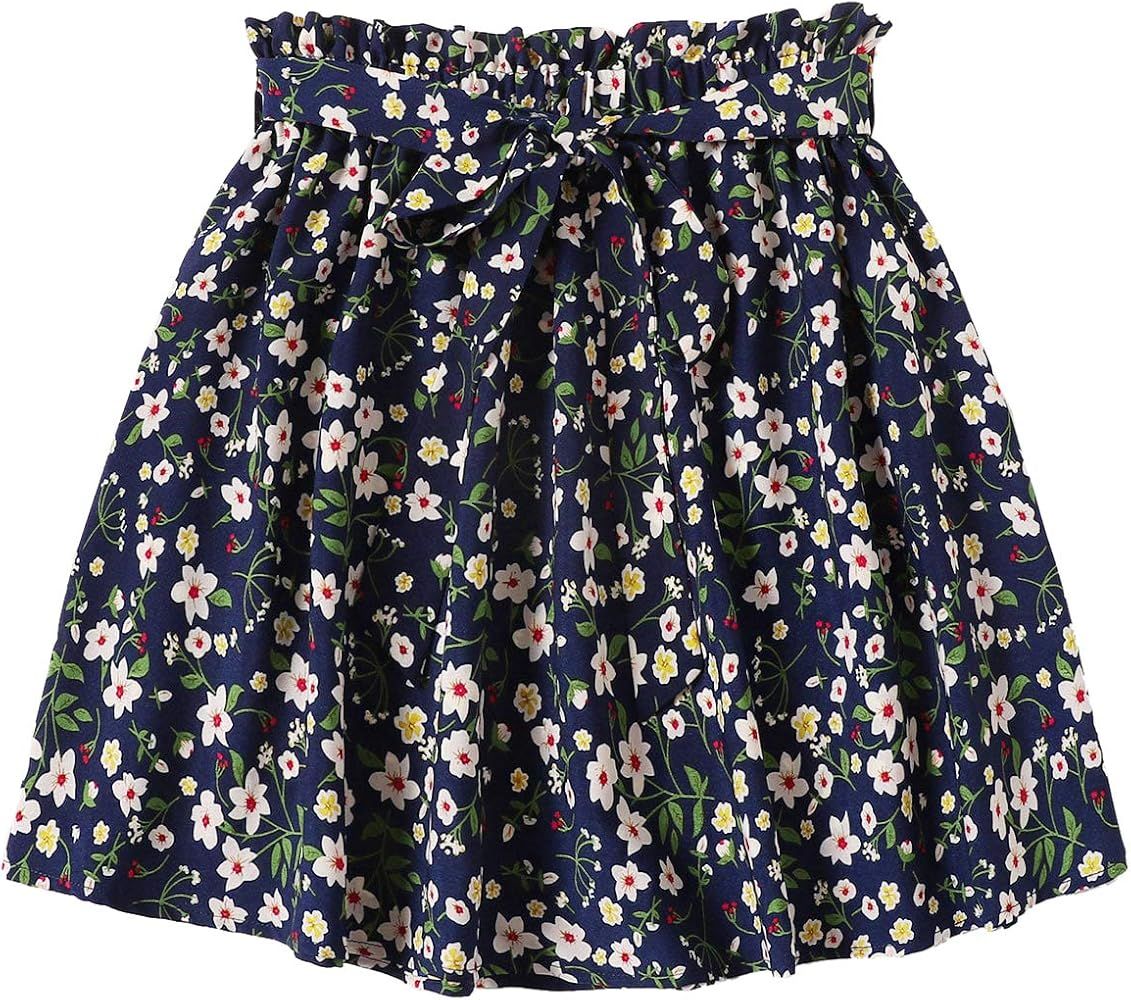 SheIn Women's Summer Floral Print Self Belted A Line Flared Skater Short Skirt | Amazon (US)