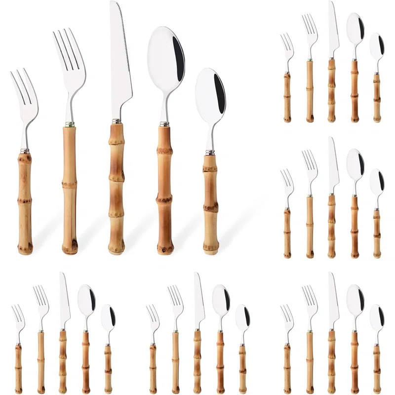 30-Piece Bamboo Handle Flatware Set, Stainless Steel Cutlery For 6, Polished Tableware For Home, ... | Wayfair North America