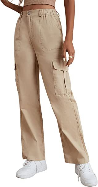 SweatyRocks Women's Solid Stright Leg Cargo Pants Casual High Waist Woven Fabric Pant with Slant ... | Amazon (US)