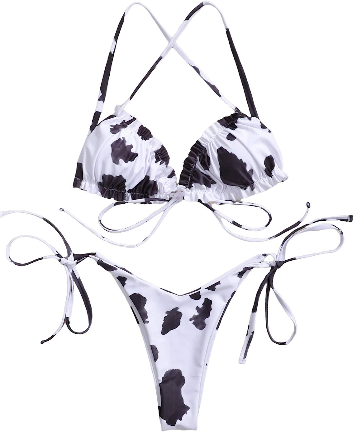 Remidoo Women's Cow Print Halter Frill Tirm Tie Side Triangle String Thong Bikini Set 2 Piece Swimsu | Amazon (US)