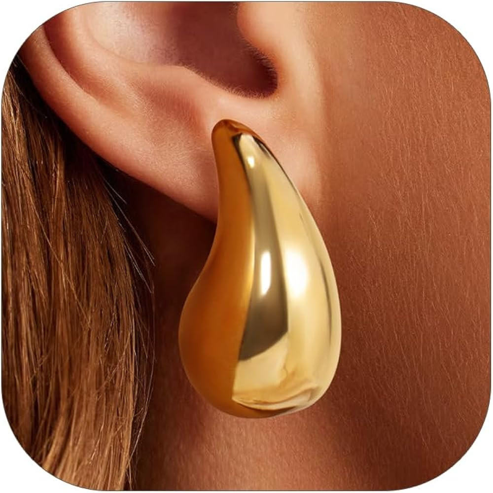 KeyStyle Chunky Gold Hoop Earrings for Women Trendy, Stainless Steel TearDrop Hoops Earring, Ligh... | Amazon (US)