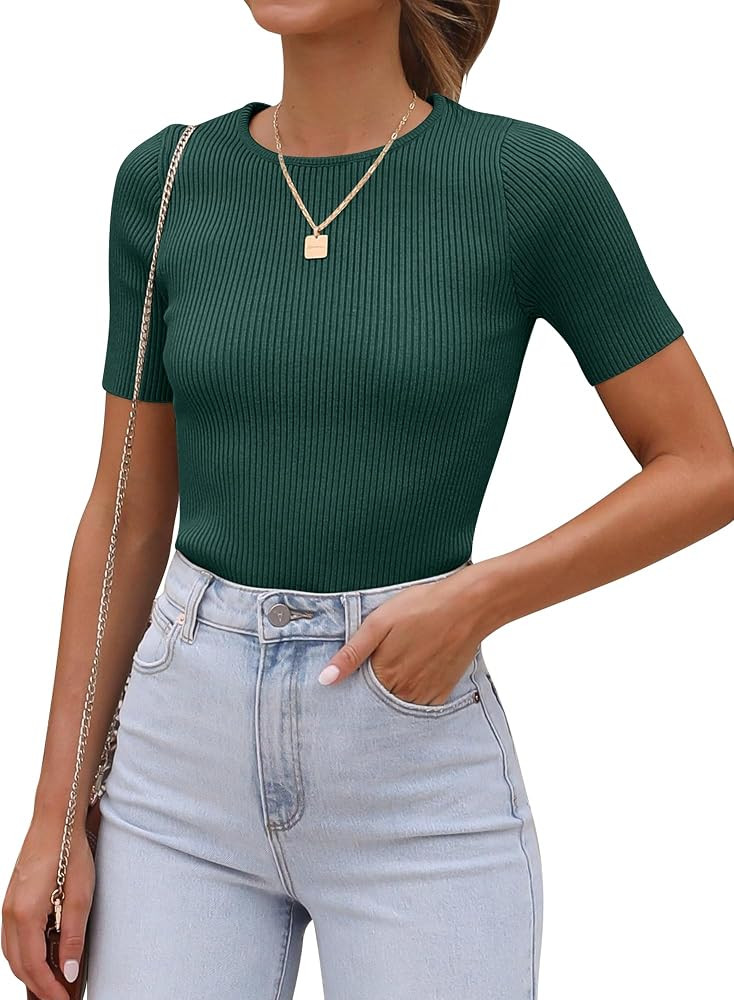 ANRABESS Women's Short Sleeve Crewneck T Shirt 2024 Summer Ribbed Knit Sweater Shirts Slim Fit Ba... | Amazon (US)