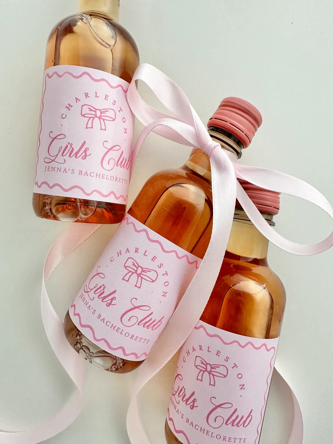 Bachelorette Party Girls Club Pink Bow Wine or Champagne Labels Coquette Wavy Scallops Beach Part... | Etsy (US)