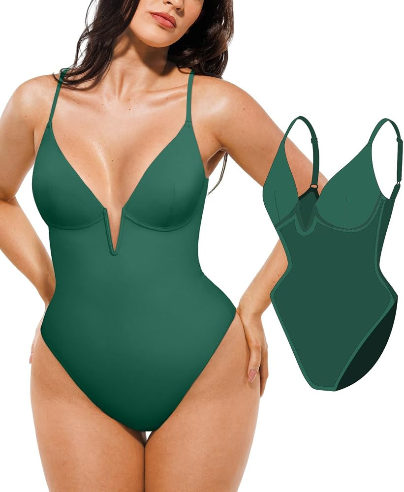 Popilush Tummy Control Swimsuits for Women Shapewear One Piece Deep V Neck Underwire Swimsuit Sum... | Amazon (US)