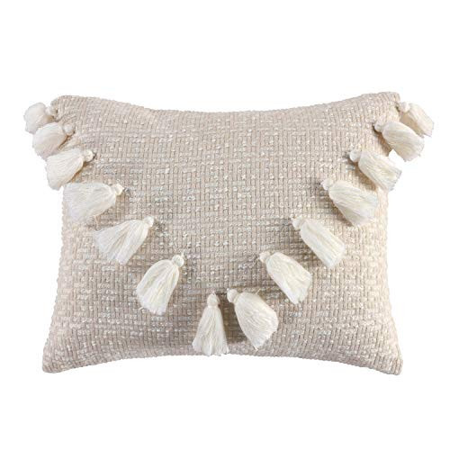 Levtex Home - Mills Waffle - Tassel Pillow - Feather Filled - Tonal Cream and Taupe - Pillow Size (14 x 18in.) | Amazon (US)