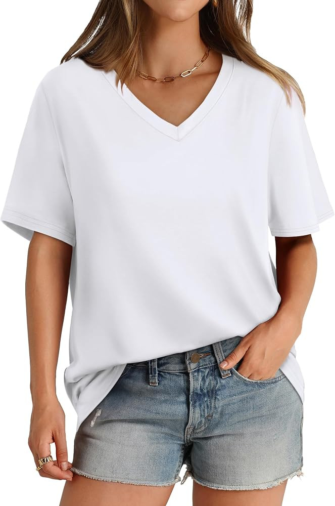 Aokosor Womens T Shirts V Neck Short Sleeve Casual Loose Tees Tops 2025 Trending Now | Amazon (US)