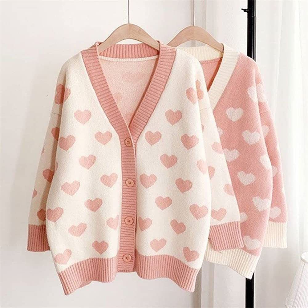 FindThy Women’s Heart Print Cardigan Sweater Button Down Color Block Knitted Fall Sweaters Tops | Amazon (US)