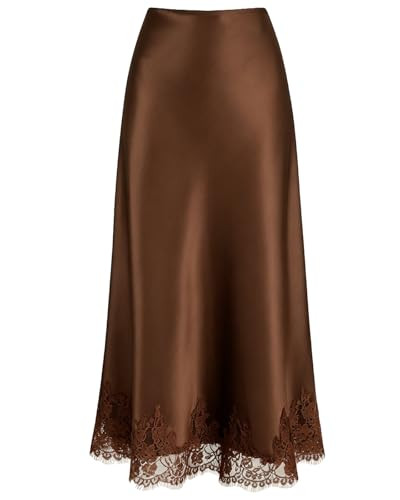 VividMosaic Lace Trim Satin Midi Skirt High Waisted Long Skirt for Women | Amazon (US)