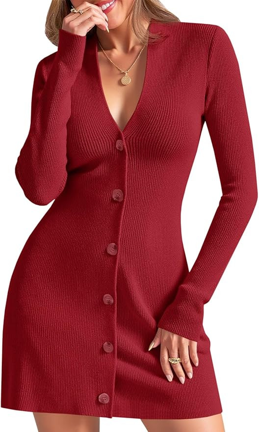 Wenrine Womens Deep V Neck Sweater Dress Sexy Knit Button Down Long Sleeve A Line Fall Mini Dress... | Amazon (US)