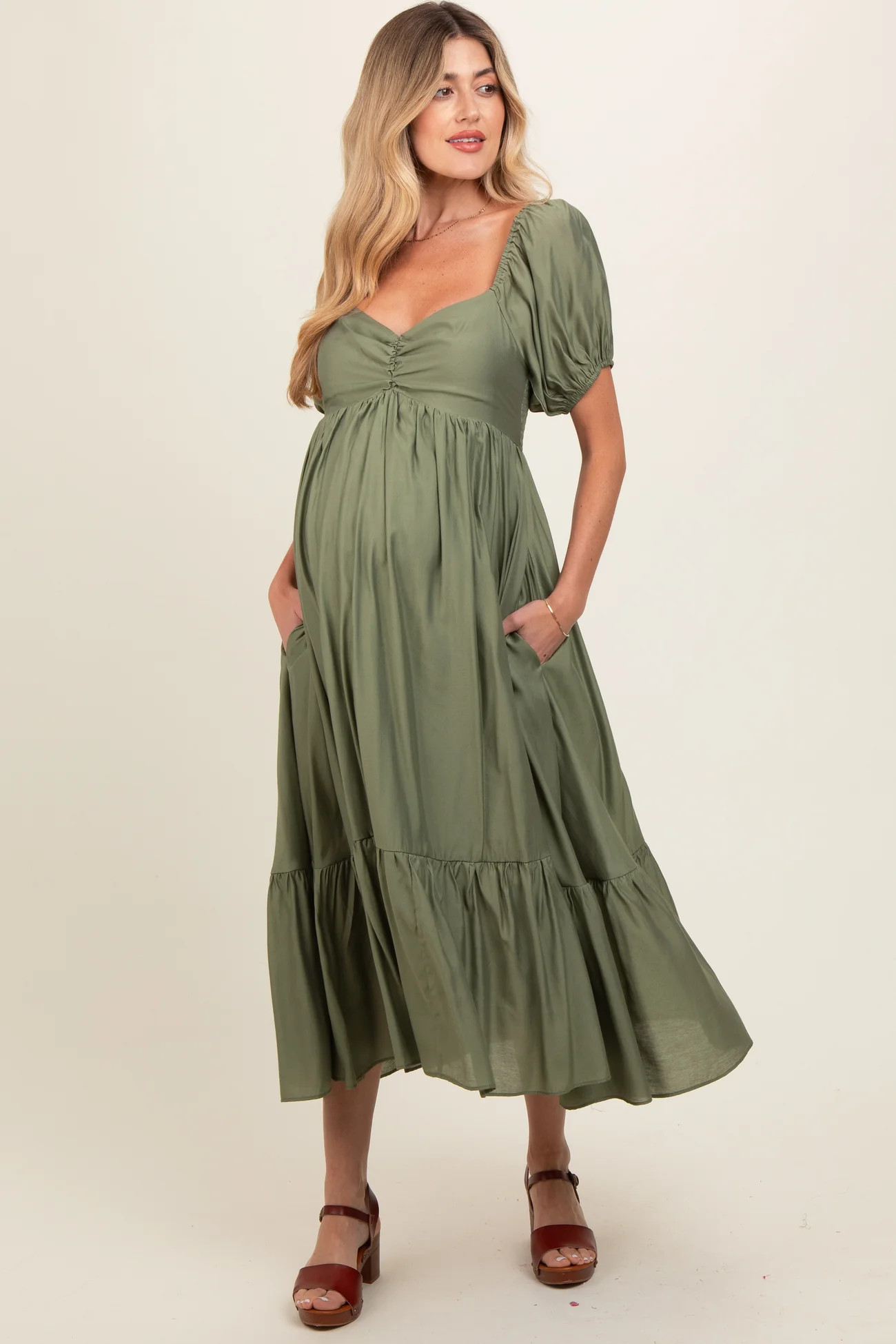 Olive Ruched Sweetheart Neck Tiered Maternity Midi Dress | PinkBlush Maternity