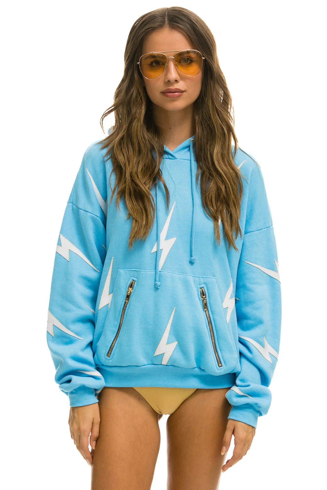 BOLT STITCH REPEAT RELAXED PULLOVER HOODIE WITH POCKET ZIPPERS - SKY // WHITE | Aviator Nation