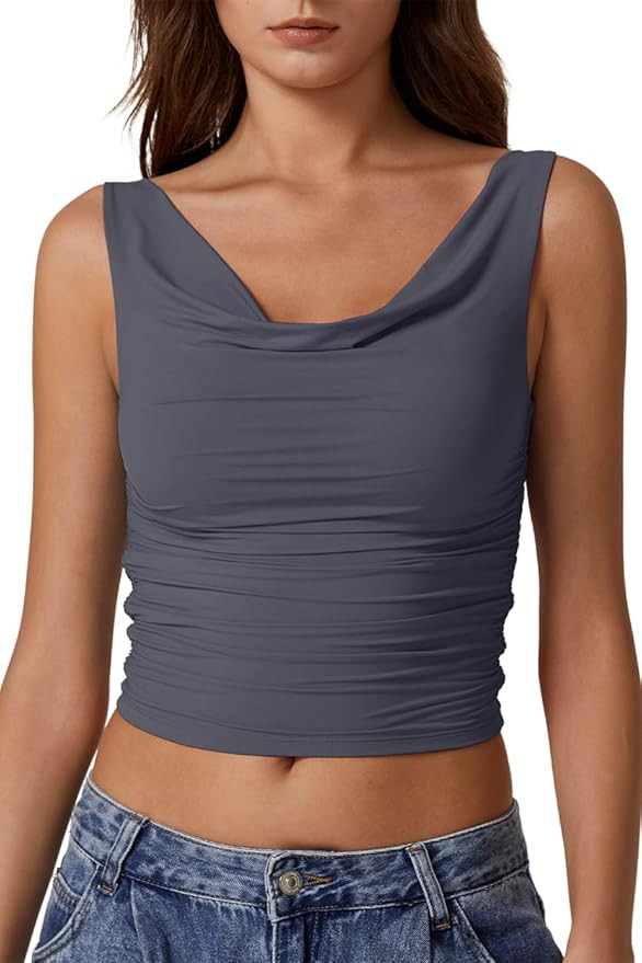 QINSEN Women's Cowl Neck Top Sleeveless Ruched Double Lined Crop Top Y2k T Shirts | Amazon (US)