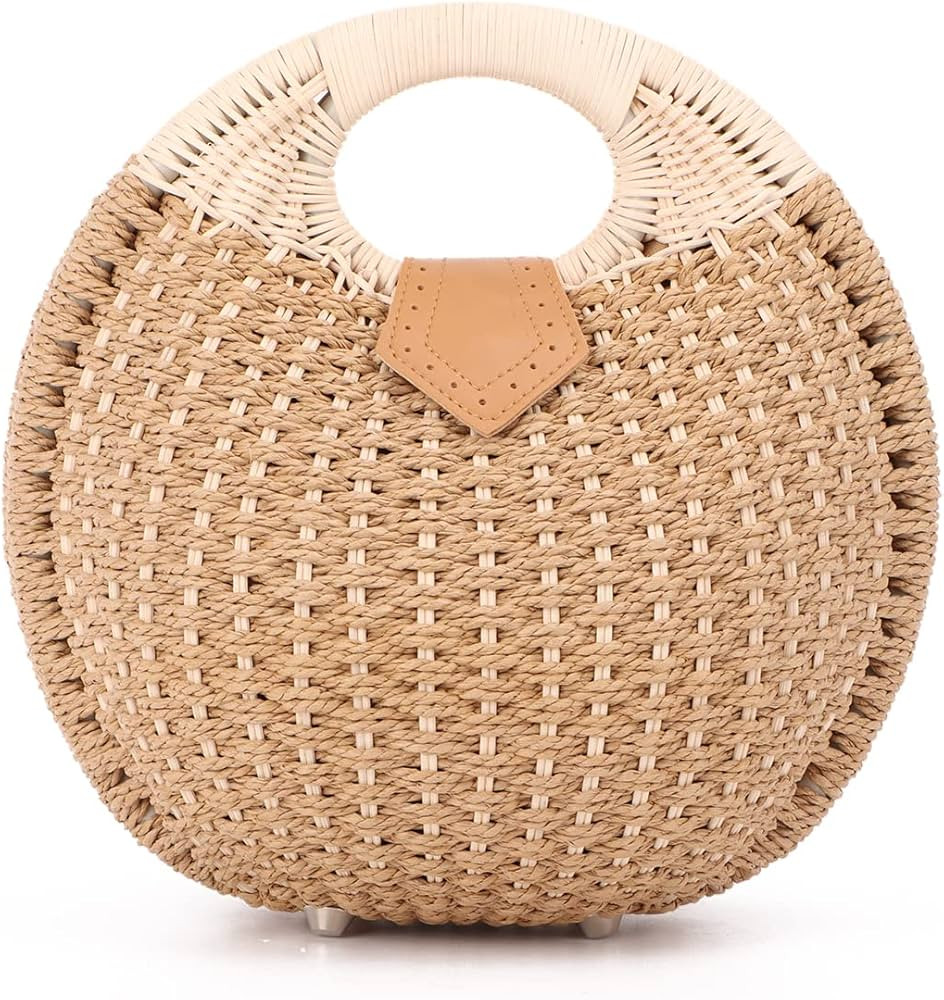 Ynport Straw Purses for Women Summer Beach Rattan Tote Bag Round Handle Ring Handbag Retro Handma... | Amazon (US)