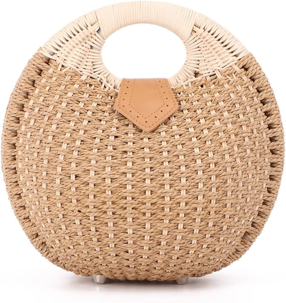 Ynport Straw Purses for Women Summer Beach Rattan Tote Bag Round Handle Ring Handbag Retro Handma... | Amazon (US)