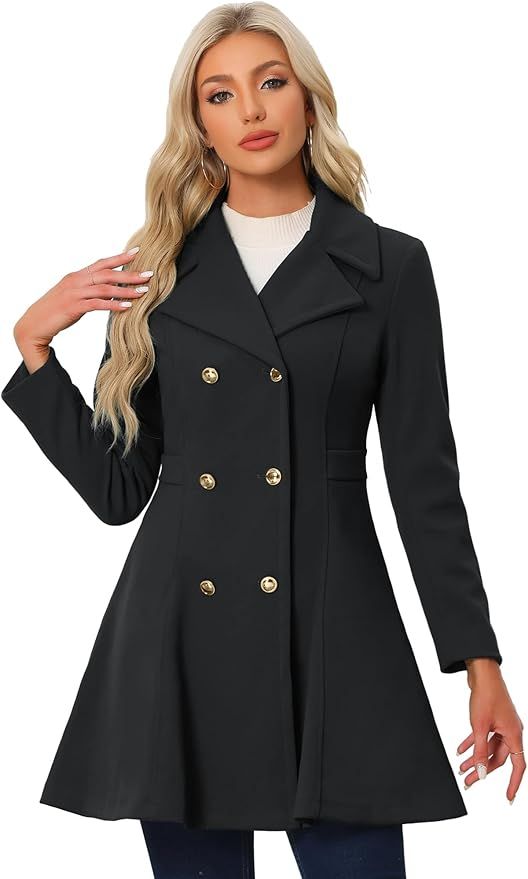 Allegra K Winter Long Coat for Women's Lapel Collar Double Breast Coats | Amazon (US)