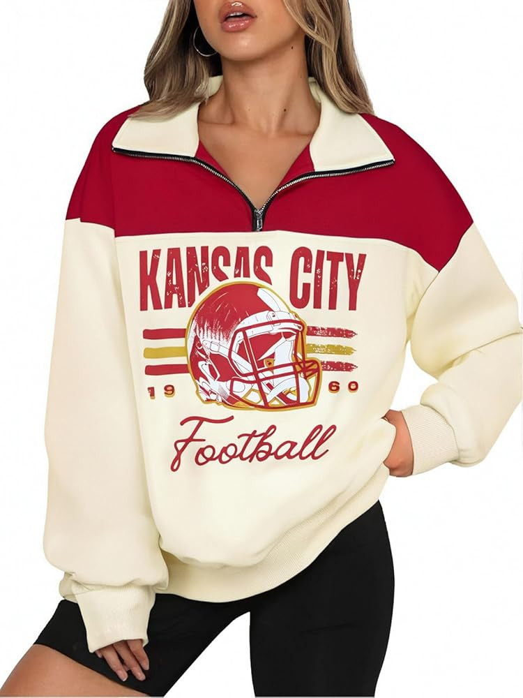 LUKYCILD Football Sweatshirts for Women Quarter Zip Pullover Football Season Game Day Shirts Casu... | Amazon (US)