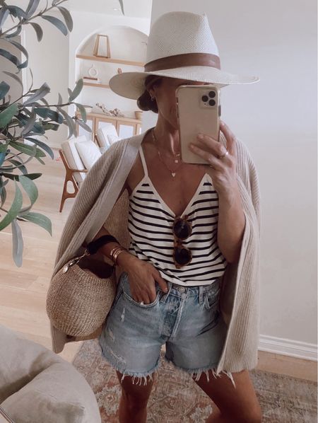 Can’t wait to wear this outfit when temps warm up a bit 
My favorite denim cut offs (I find them to be tts, but if between size down) 
Striped tank (Tts) 
Oatmeal cardigan (SHANNONP15 for 15% off) 

#LTKstyletip