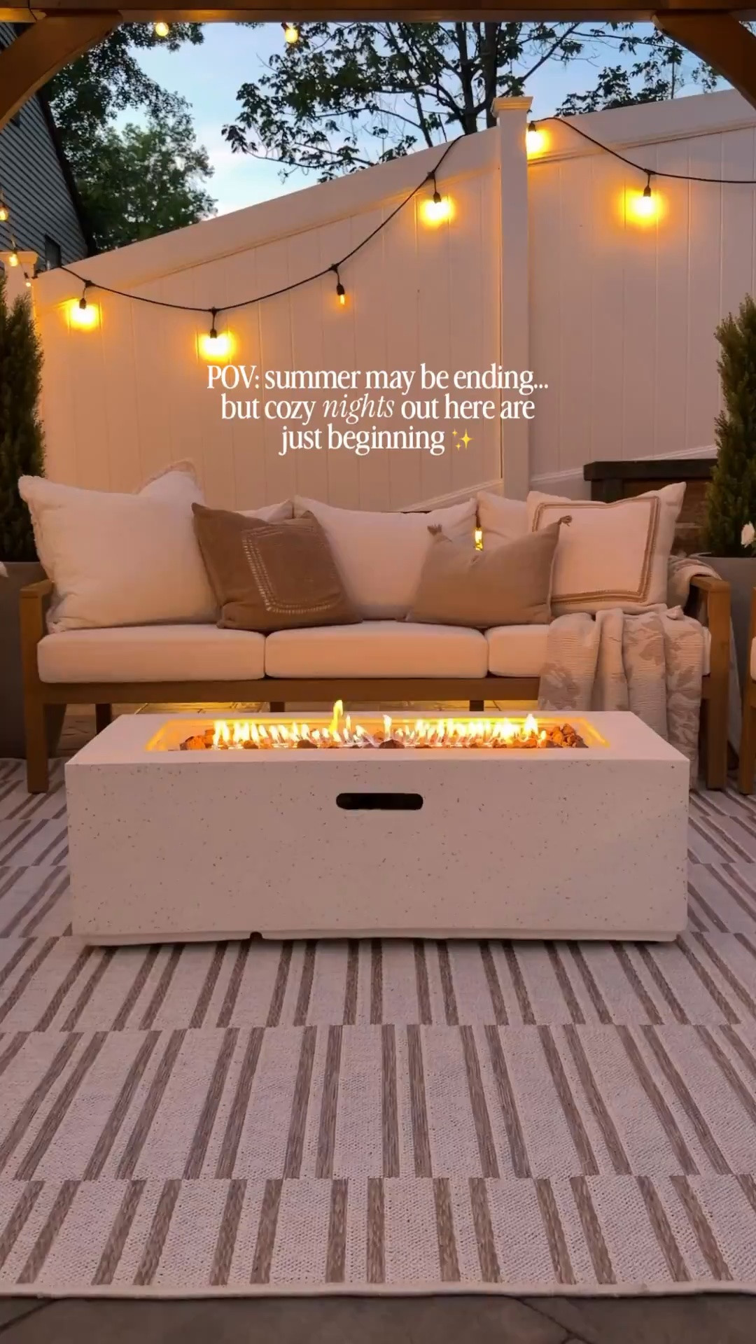 Summer may be ending, but cozy nights out here are just beginning. ✨🔥 

This outdoor fireplace completely transformed our backyard and makes every evening feel a little more special. 

Linking everything that helped me create this cozy setup! 🤎

#OutdoorLiving #BackyardInspiration #OutdoorFireplace #CozyHome