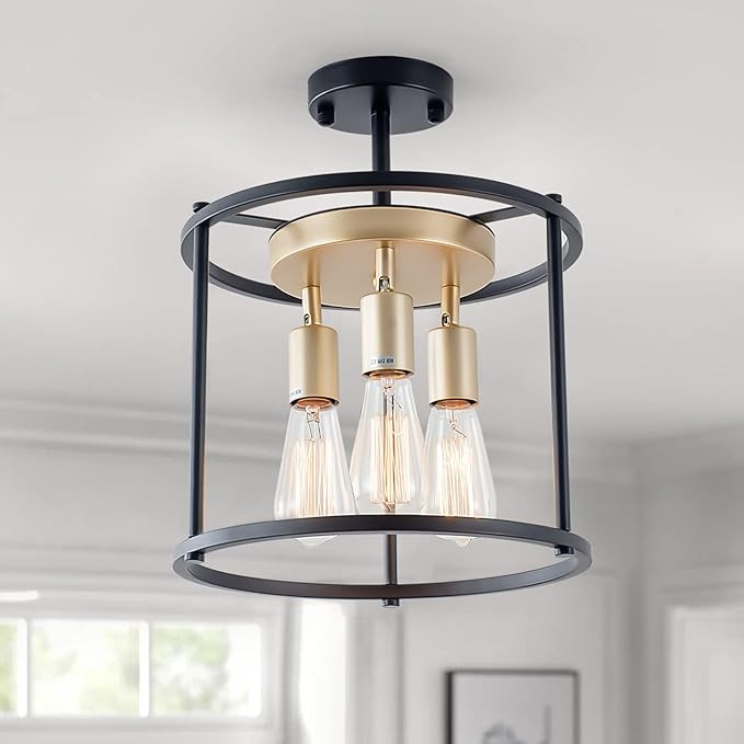 Industrial Semi Flush Mount Ceiling Light Fixture, 3-Light Farmhouse Vintage Black Ceiling Lamp w... | Amazon (CA)