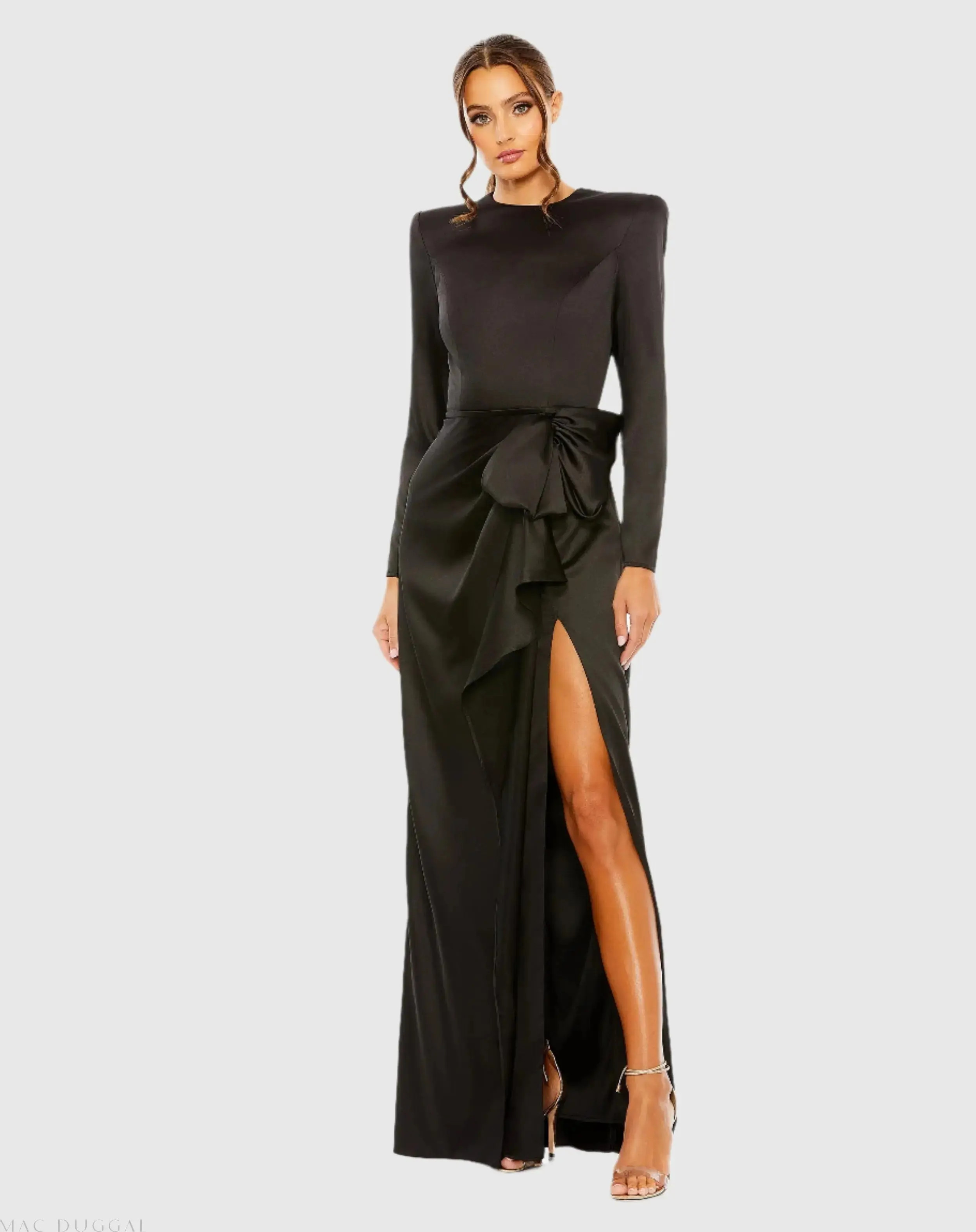 Black Long Sleeve Satin Structured Bow Draped Column Gown - Mac Duggal | Mac Duggal