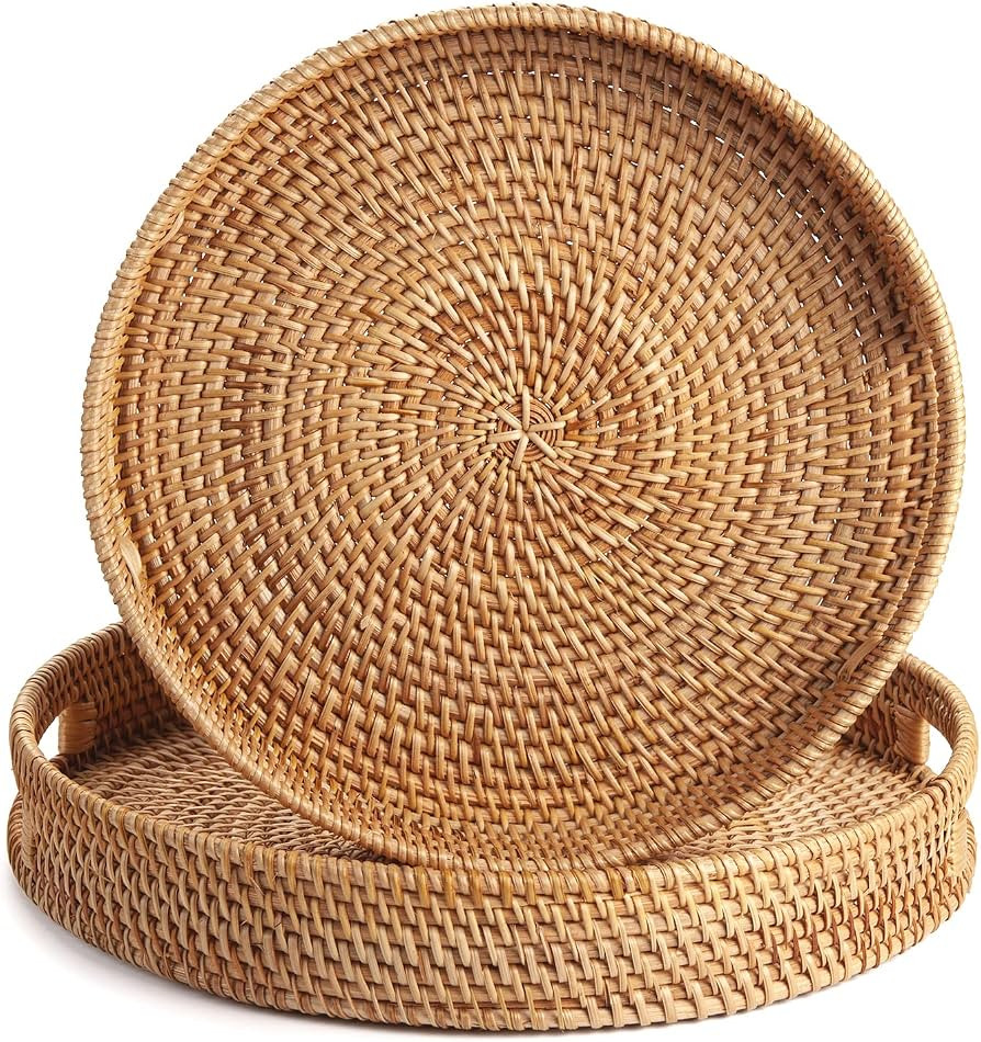 Coffee Table Tray Round Rattan Ottoman Tray Woven Serving Trays with Handles for Home and Kitchen... | Amazon (US)