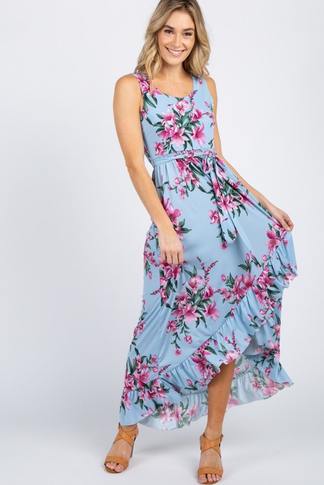 PinkBlush Light Blue Floral Wrap Hemline Dress | PinkBlush Maternity
