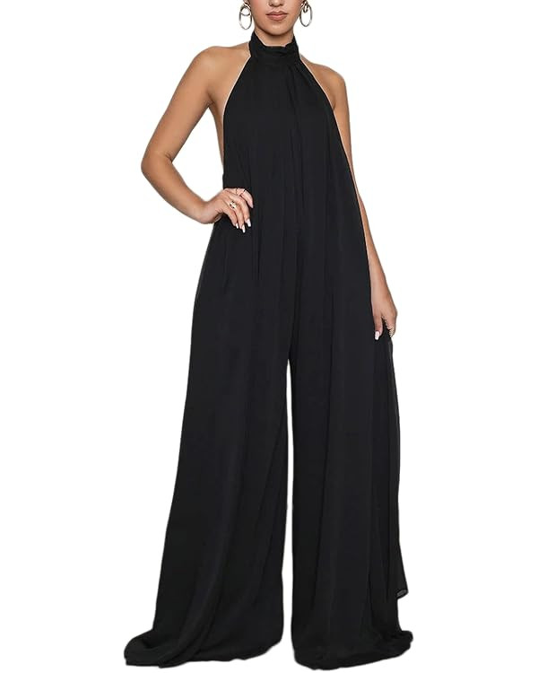 Ekaliy Women’s Sexy Summer Jumpsuit Halter Neck Sleeveless Chiffon Wide Leg Long Pant Jumpsuit ... | Amazon (US)