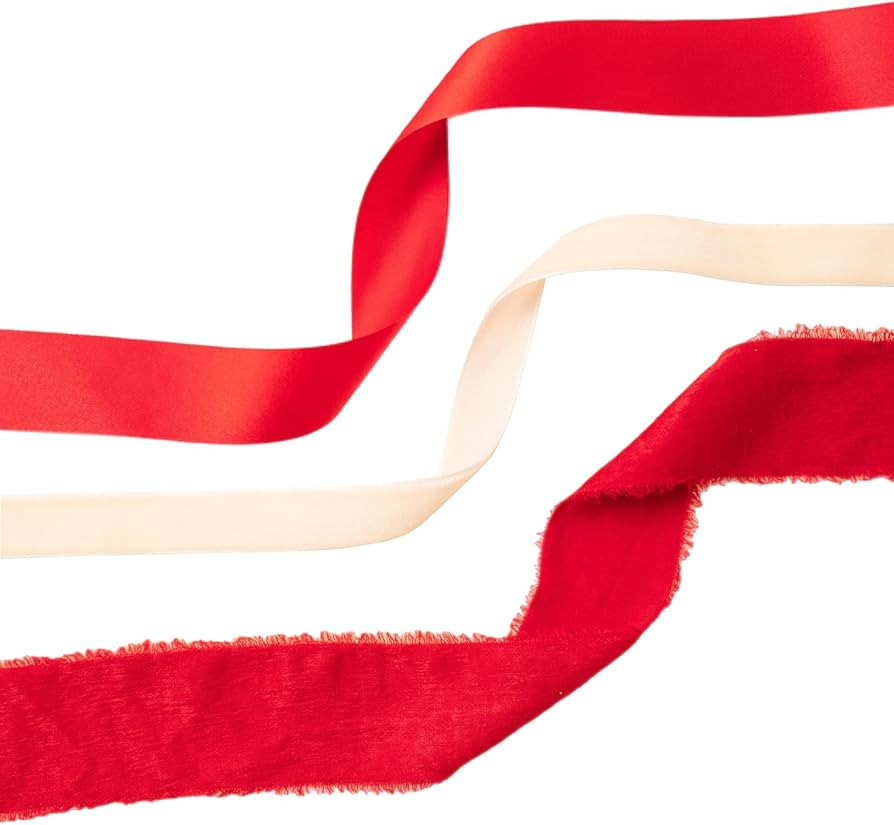 Christmas Gift Wrapping Ribbon Set, 3 Rolls, 60 Yards Total, Red Frayed Velvet, Red Satin & Cream... | Amazon (US)