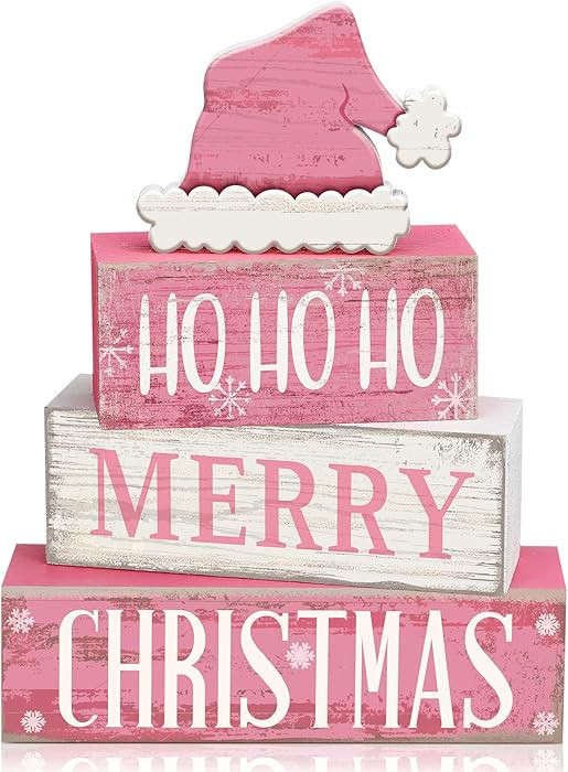4 Pcs Christmas Table Decorations Pink Santa Hat Decor Christmas Tiered Tray Decor Rustic Wood Pi... | Amazon (US)