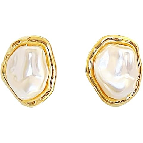 Baroque Pearl Stud Earrings For Women 14k Gold Plated Irregular Pearl Earrings Chunky Big Pearl E... | Amazon (US)