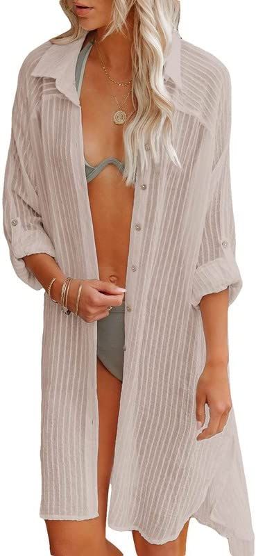 Dokotoo Womens 2023 Button Down Long Sleeve Side Split Swimsuit Swim Cover Ups Kimonos Cardigans ... | Amazon (US)